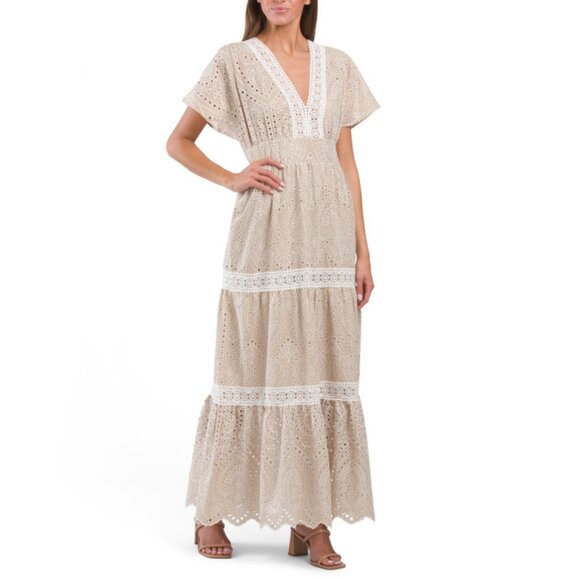 ELIE TAHARI clay Dolman Sleeve V-neck Tiered Skirt Maxi Dress